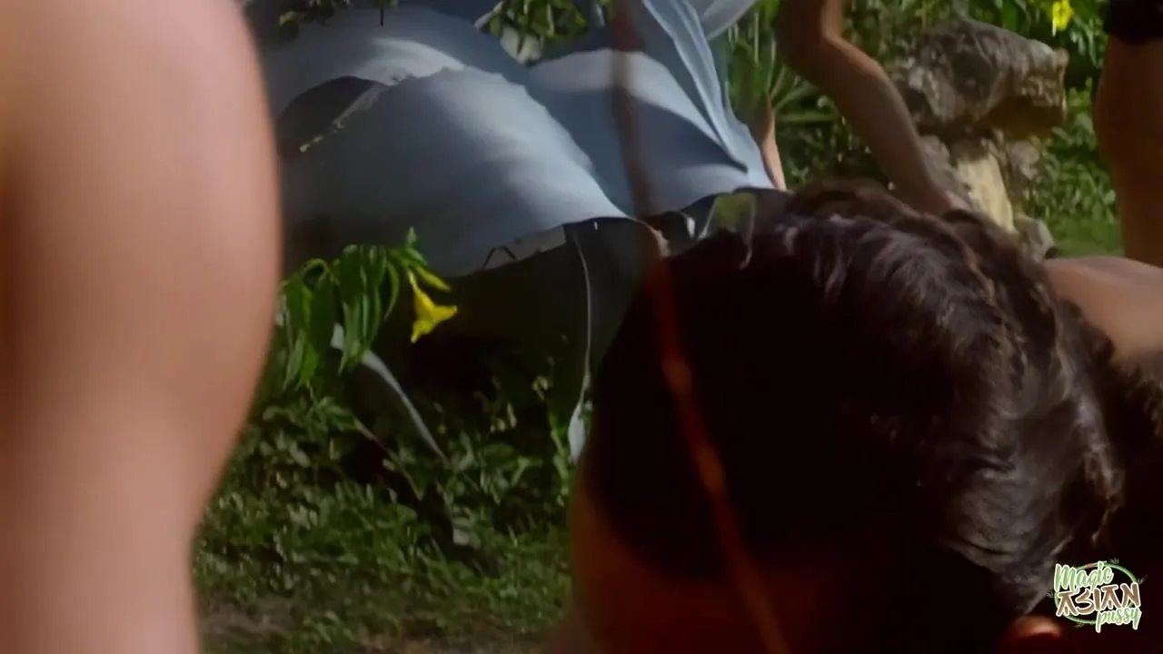 Walking in on a threesome gets this couple in the mood for sex  They go into the garden and start un 