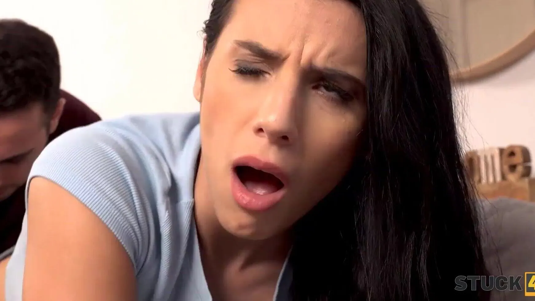 Phone mishap leads to rough doggystyle fuck with hot brunette 
