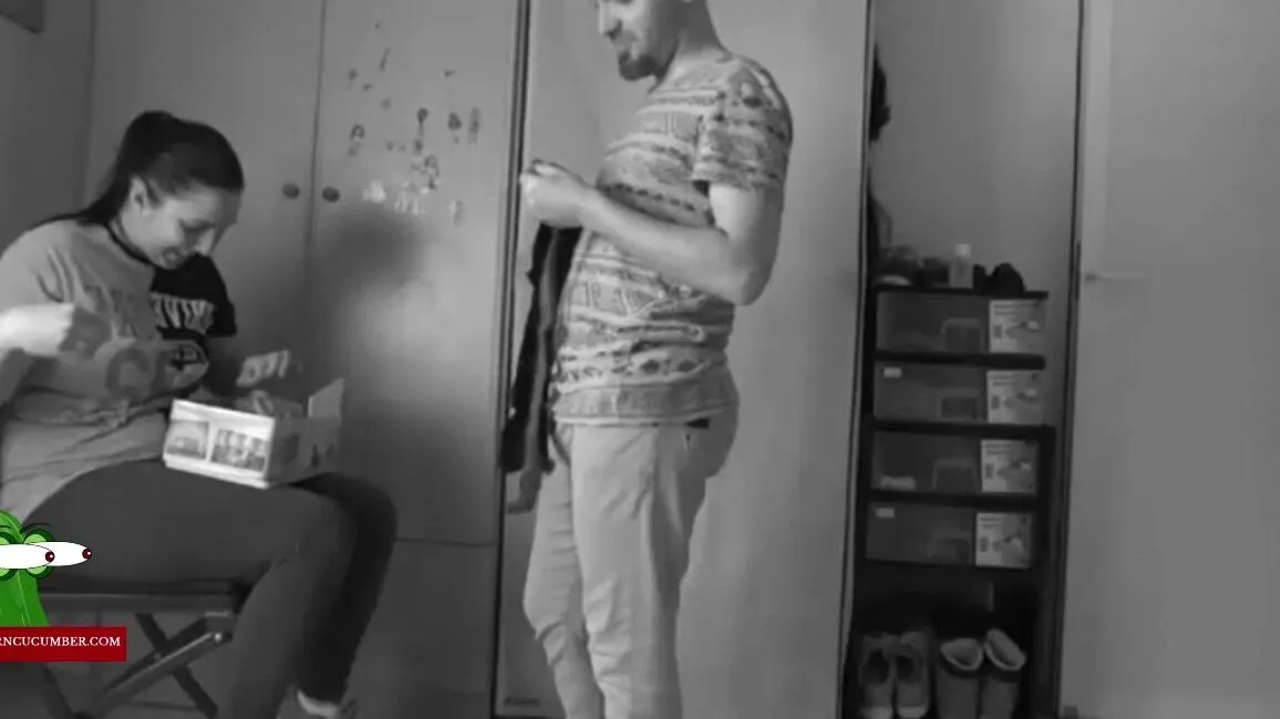 Masturbating with small tits in new pants on a chair 