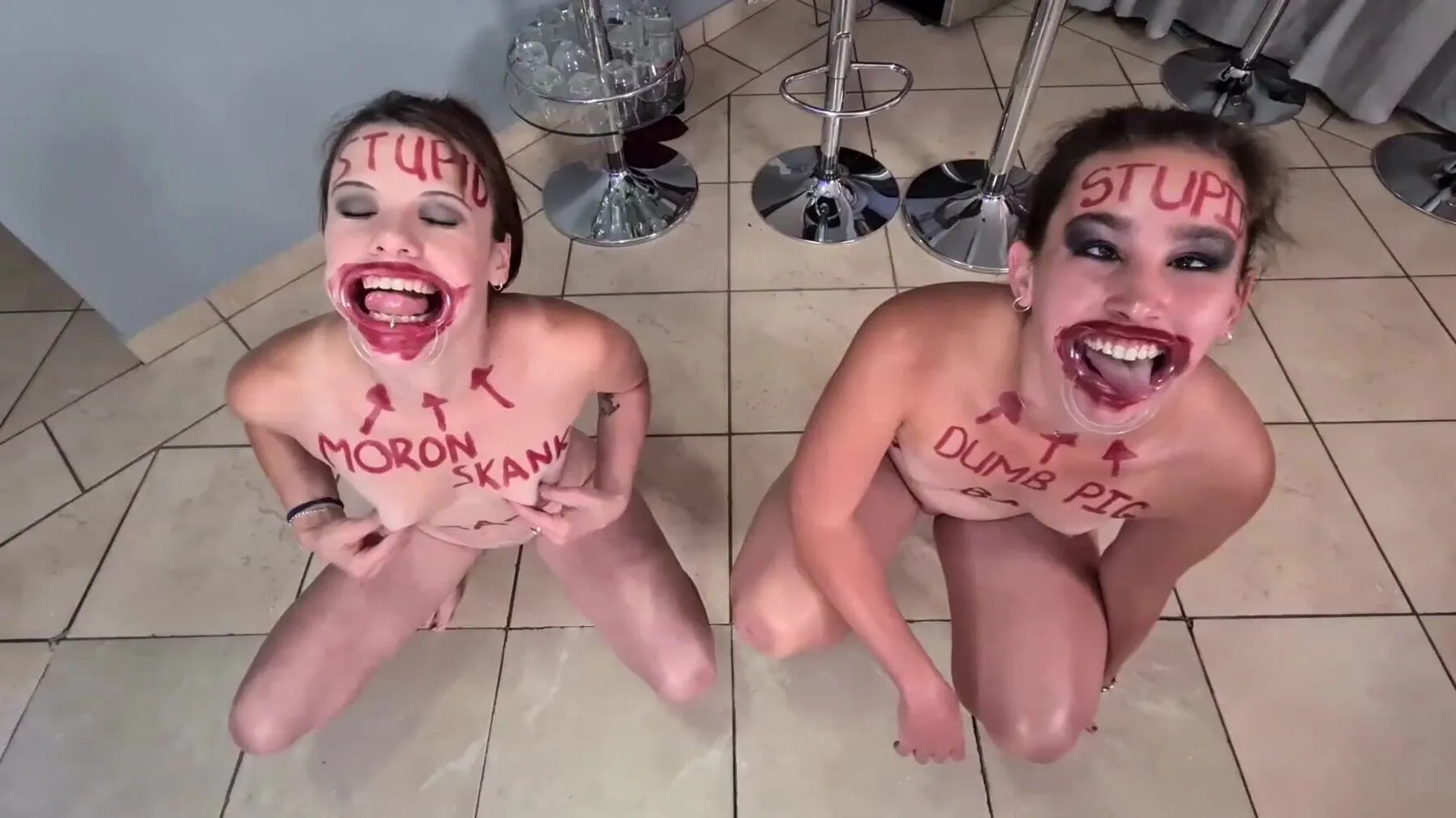 Dumb sluts humiliate each other, big ass and small tits on display 
