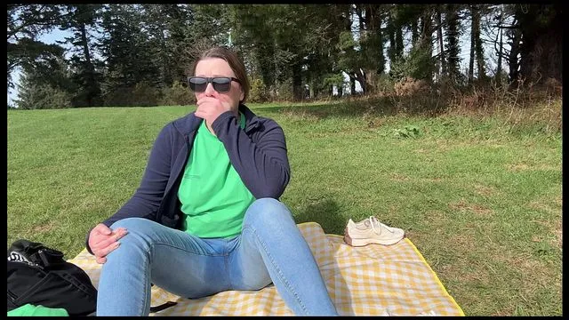 Girl was relaxing at a picnic in the park and accidentally wet my jeans in public 