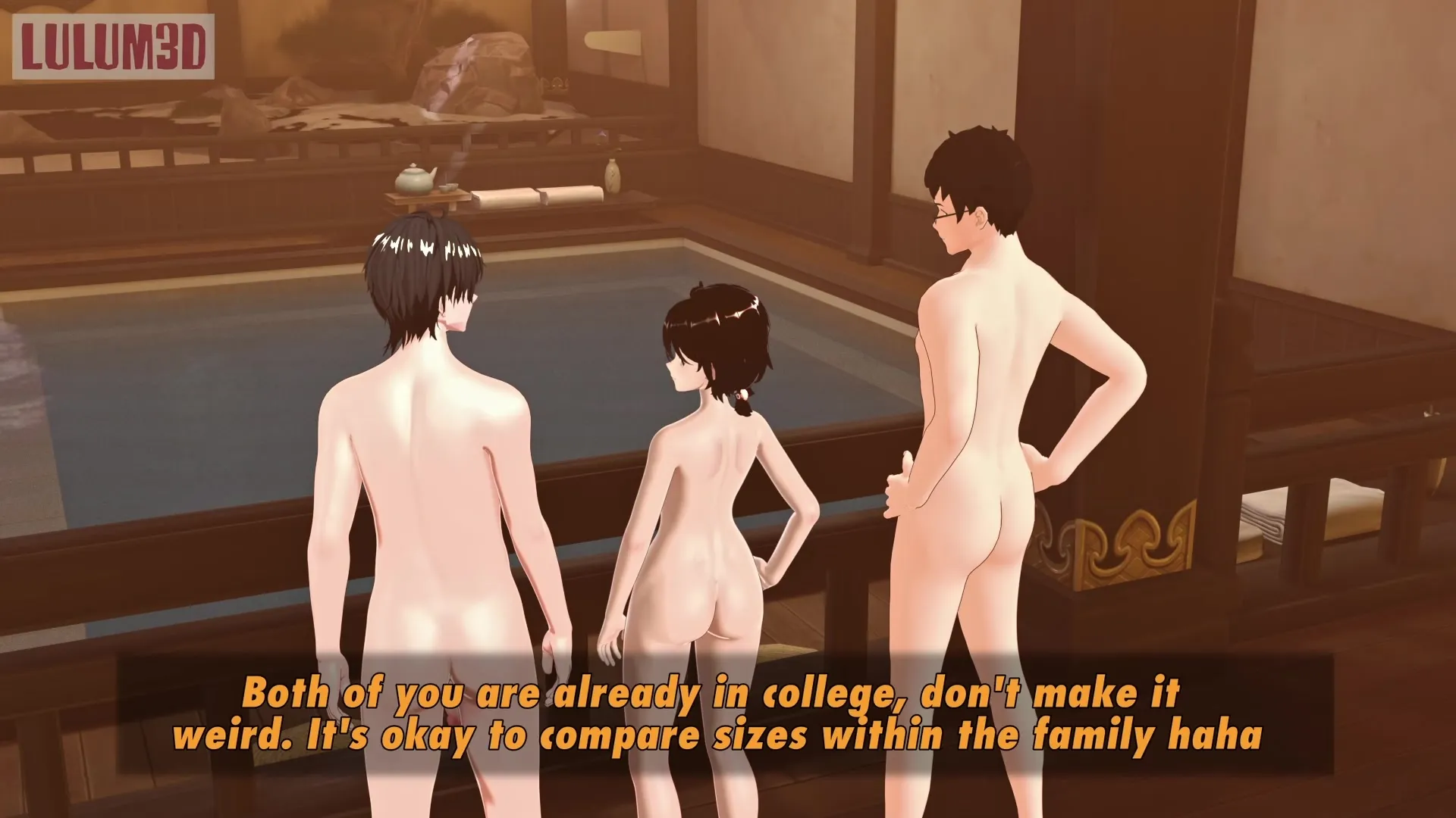 Femboy Seduces his Straight Brother in front of Dad in the Bathhouse. 