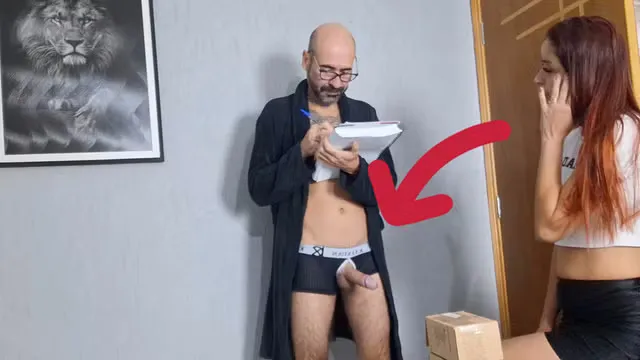 Dirty old man with his dick out receives delivery man! 